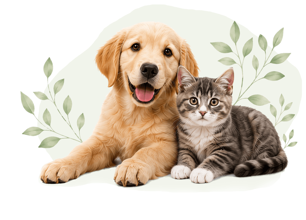 A happy golden retriever puppy sitting beside a gray tabby kitten