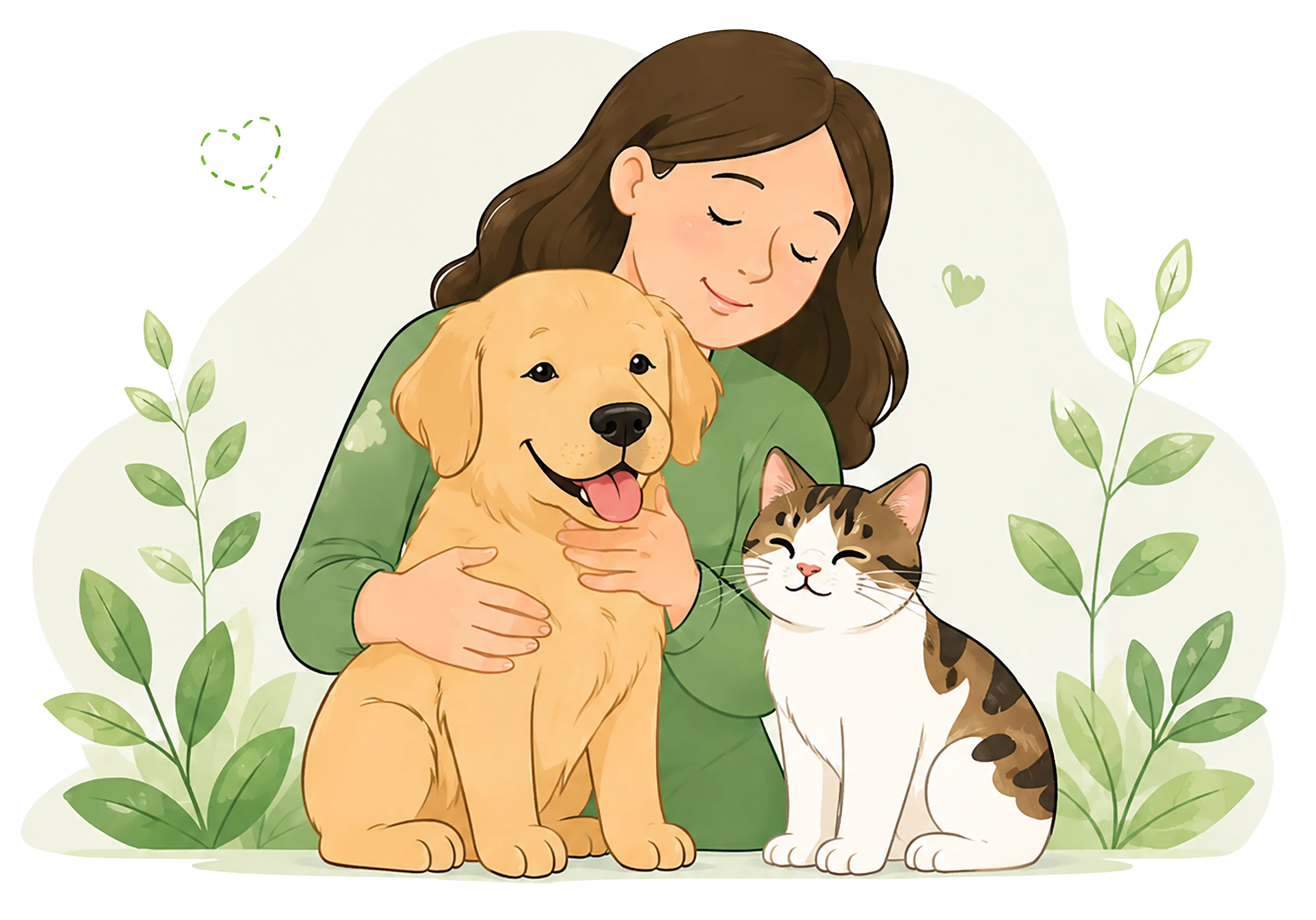 Pet parent spending a calm moment with a dog and cat